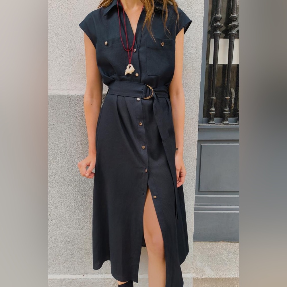 Zara Navy Linen Midi Shirtdress with Belt